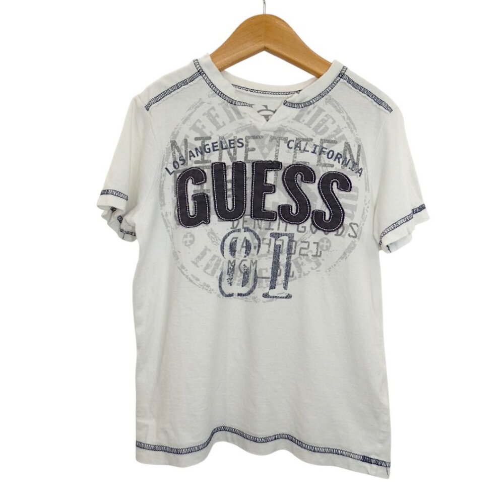 Guess Kids Boys White Graphic T-Shirt Size 7 Logo Patchwork SS Tee Streetwear
